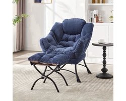 Lounge Chair – Relaxstoel – Fauteuil – Leunstoel – Hoekstoel – Navy Blauw – Met Voetenbank – Stevig Metalen Frame
