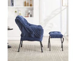 Lounge Chair – Relaxstoel – Fauteuil – Leunstoel – Hoekstoel – Navy Blauw – Met Voetenbank – Stevig Metalen Frame