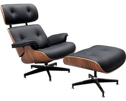 Lounge Chair XXL + Ottoman - Zwart - Leer - Palissander - Loungestoel - Relaxfauteuil - PREMIUM Extra hoge rugleuning