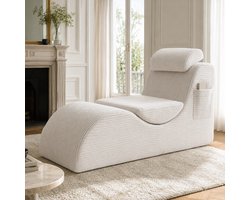Lounge Fauteuil Corduroy - Moderne Relaxstoel Met Hoofdsteun En Zijvak Beige
