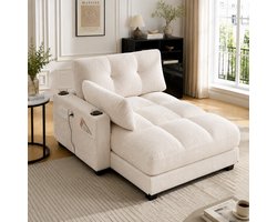 Lounge Fauteuil Ribstof Beige - Relaxstoel Met USB, 3 Bekerhouders En Zijvak