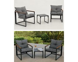 Lounge-Set Karin 3-delige loungeset 2 fauteuils met tafel antraciet kussens staal en polywood weerbestendig