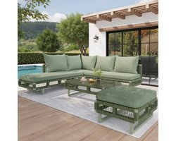 Lounge Set - Modulair - Dikke Kussens - Glazen Salontafel - Aluminium Frame