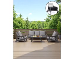 Lounge set Ohio met Beschermhoes - 3 Sits Bank, 2 Lounge stoelen, 1 Tafel - Donker grijs - Hips Plastic, hout look Voor Binnen en Buiten