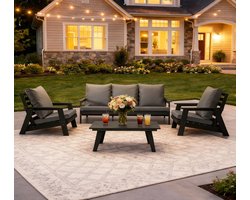 Lounge set Ohio met kussenhoes - 3 Sits Bank, 2 Lounge stoelen, 1 Tafel - Donker grijs - Hips Plastic, hout look Voor Binnen en Buiten