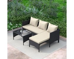 Lounge set - Tuinmeubelset van polyrotan voor buiten - Weerbestendige polyrotan zitgroep voor 3 personen - Terrasmeubelset bestaande uit modulaire tuinsbanken met 2 modulaire banken, 1 extra losse module en 1 salontafel - Zwart