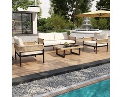 Lounge Set - Verstelbare Poten - Glazen Paneel - 4 Stuks - Kunststof Frame