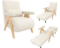 Lounge stoel beige - 1-persoons lounge stoel - 64 × 87 cm - 6-voudig verstelbare rugleuning tot 180° - Linnen bekleding - Massief houten armleuningen en poten