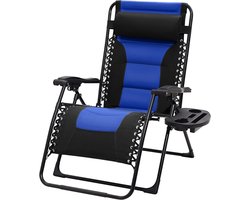 Lounge Stoel - Fauteuil Buiten - Ontspannen in de tuin - Opvouwbaar met bekerhouder - Extra Breed - Zwart/Blauw