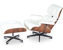 Lounge Stoel + Ottoman - Wit - Leer - Palissander - Lounge Chair - Fauteuil - Relaxfauteuil