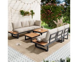 Loungebank Set - Hoekopstelling - Verstelbare Rugleuning (5 Standen) - Tuinmeubelset met 2 Salontafels - Balkonset - Terrasset - Beige/Grijs