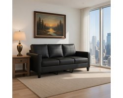 Loungebank Zwart 3-Zits – Moderne Woonkamerbank van Kunstleer met Metalen Frame – Comfortabele Sofa voor Lezen, TV Kijken en Ontspannen – 180 cm Casa Serena