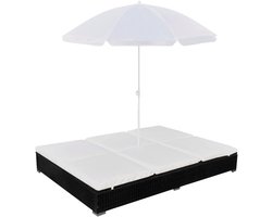 Loungebed voor 2 Personen met Parasol – Tuin Ligstoel in Poly Rotan Zwart