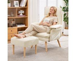 Loungechair met voetenbank - verstelbare ligstoel - met hoofdsteun - armleuningkussen - leesstoel - tv-stoel - beige