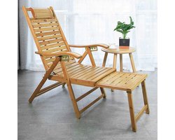 Lounger Tuinstoel - Bamboe Relaxstoel - Buiten Ontspannen - Verstelbaar Voetpedaal - Tot 200kg - Wit