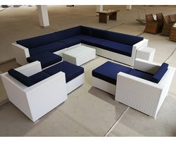 Loungeset 12-delig - Weerbestendig vlechtwerk - Wit wicker / blauwe kussens