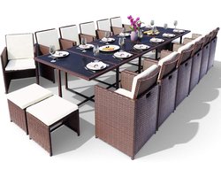 Loungeset 17-delig met tafel en kussens – Polyrotan tuinset met glasplaat, weerbestendig en onderhoudsvriendelijk – Luxe tuinmeubelset bruin– Urbanhome