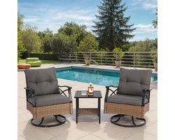Loungeset - 3-delig - Draaibare Schommelstoelen met Tafel - Hoge Belastbaarheid - Wicker - Bruin