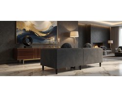 Loungeset 3-zitsbank fluweel donkergrijs met kussens - Industrohome Luxe Loungebank Sofa - Modern design - Comfortabele zitbank met dik schuim en sierkussens - Houten frame - Geschikt voor woonkamer & tuin