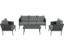 Loungeset 4-delig tuin – Depauwonen luxe tuinmeubelset met 3-zits bank, stoelen & glazen tafel – weerbestendig staal & touw armleuningen – grijs modern balkon set