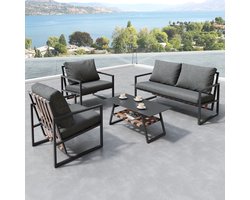 Loungeset - 4 Personen - Bank met Koffietafel en Kussens - Wasbare Hoezen - Metaal - Zwart