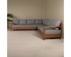 Loungeset 5-zits acaciahout tuinmeubel Lahon lichtgrijs loungebank massief tuinset met kussens tuinbank
