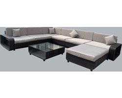 Loungeset 8-delig - Weerbestendig vlechtwerk - Donkerbruin wicker / grijze kussens - Tafel met glasplaat