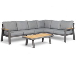 Loungeset Aluminium Belito® - Loungeset 6 persoons - Antraciet - Waterafstotende Olefin Kussens - Teakhouten tafel en leuningen - Weerbestendig - Natuurlijke look