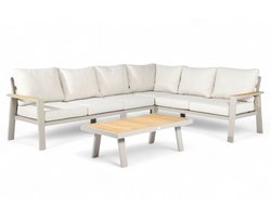 Loungeset Aluminium Belito® - Loungeset 6 persoons - Taupe - Waterafstotende Olefin Kussens - Teakhouten tafel en leuningen - Weerbestendig - Natuurlijke look