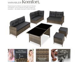 Loungeset Bellavero 5-delig – Moderne Polyrotan Tuinmeubelset met L-vorm Bank, Krukjes & Glazen Tafel – Inclusief Zit- en Rugkussens – Balkon, Tuin & Terras Outdoor – Naturel