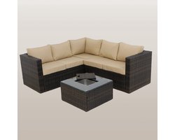 Loungeset Elysia - Tuinmeubel - Tuinset - Bruin - Wicker - Inclusief kussens + glasplaat - Ice bucket - Weerbestendig