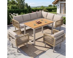 Loungeset - Hoek Loungeset Met 2 Fauteuils En Tafel - Weerbestendig Touwdesign Voor Balkon, Terras En Tuin - Staal Beige