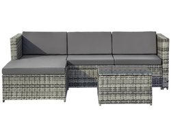 Loungeset - Hoekbank - Chaise longe - Tuinmeubels - Salontafel Met Gehard Glas - Buiten -Rotan - Grijs