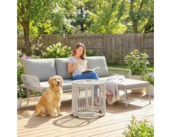 Loungeset L-vorm 122x79x75 cm 3-delig – Polyrotan Tuinmeubelset met Chaise Longue, 2-zits Bank, Glazen Tafel & Afneembare Kussens – Weerbestendig Tuinset voor Balkon, Terras & Tuin – Lichtgrijs – Nicolehome