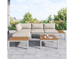 Loungeset met 2 tweezitters, 2 bijzettafels, 1 tafel - tafelblad van massief acaciahout - stoffen bekleding voor de rugleuning - wit