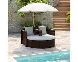 Loungeset met parasol, polyrotan tuinmeubelset met crèmewitte kussens, afneembare zit- en rugkussens, weerbestendig PE-rotan, parasol van polyester
