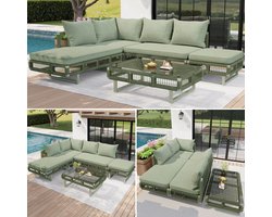 Loungeset - Modulaire Set - 10 cm Dikke Kussens en Glazen Salontafel - Touw - Beige/Groen