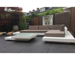 Loungeset standaard Ibiza hoek wit onderstel en taupe kussens (ook linkse hoek beschikbaar en zwart onderstel en alle kleuren kussens)