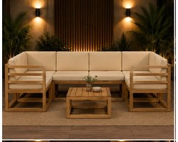 Loungeset Tuin 10-delig 59 x 59 x 37 cm – Modulaire Acaciahouten Tuinset met Crème Kussens, Weerbestendige Outdoor Loungeset voor Tuin, Terras, Balkon en Zwembad – Mobili Bella