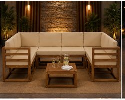 Loungeset Tuin 10-delig 59 x 59 x 37 cm – Modulaire Acaciahouten Tuinset met Crème Kussens, Weerbestendige Outdoor Loungeset voor Tuin, Terras, Balkon en Zwembad – Mobili Bella