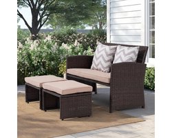 Loungeset Tuin 3-delig 100x62x76 cm – Rotan 2-4 Persoons Loveseat met 2 Krukken, Stalen Frame, Waterafstotende Kussens, Compact Balkon & Terras Set Bruin/Beige – Urbanhome