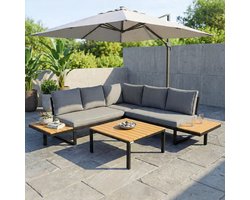 Loungeset Tuin 3-delig Hoekbank 217x149x77 cm – Stalen Frame met WPC Houtlook Tafel, Inclusief 8 cm Kussens, Weerbestendig Balkon & Terras Lounge Set Grijs/Zwart – Urbanhome