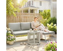 Loungeset Tuin 3-delig met Chaise Longue – Polyrattan Lounge Set met 2-Zitsbank, Glazen Tafel & Dikke Kussens, Weerbestendig Balkon & Terras Meubels – Urbanhome