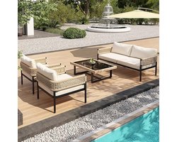 Loungeset Tuin 4-delig 113x71x63 cm – Verzinkt Metalen Frame met Touw Design & Glazen Tafel, Inclusief 9,5 cm Kussens, Weerbestendig Balkon & Terras Set Beige – Urbanhome