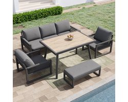 Loungeset Tuin 6-7 Personen met Eettafel - Tuinmeubelset met 3-Zits Bank, 2 Fauteuils en Bankje - Weerbestendige Lounge Dining Set voor Tuin, Terras en Balkon - Grijs