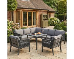Loungeset Tuin 8 Personen – Hoekopstelling – Grijs – Glazen Tafelblad – Verzinkt Staal – Handgeweven Touw Design – Tuinmeubel Set