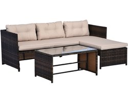 Loungeset – Tuinbank Hoekbank – Loungemobiel – Balkonset – Beige – 4-Persoons Hoekbank Met Chaise Longue – Weerbestendig PE-Rattan Met Glazen Tafelblad