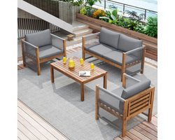 Loungeset, tuinmeubelset, met comfortabele kussens, zitgroep, terrasmeubilair, tweepersoonsbank, 2 fauteuils en tafel, buiten, tafel en stoelen, rotanlook, acacia, grijs