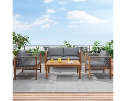 Loungeset, Tuinmeubelset, met comfortabele kussens, Zitgroep, Zitgarnituur Terrasmeubelen, 2-zits bank, 2 fauteuils en tafel, Outdoor, Tafel en Stoelen, Rattan look, Acacia, grijs