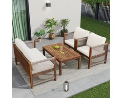 Loungeset, Tuinmeubelset, met comfortabele kussens, Zitgroep, Zitgarnituur Terrasmeubelen, 2-zits bank, 2 fauteuils en tafel, Outdoor, Tafel en Stoelen, Rattan look, Acacia, Beige